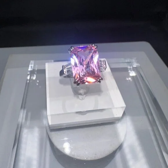 Pink Cubic Zirconia Emerald Cut Silver Ring Size 9 - Picture 8 of 12